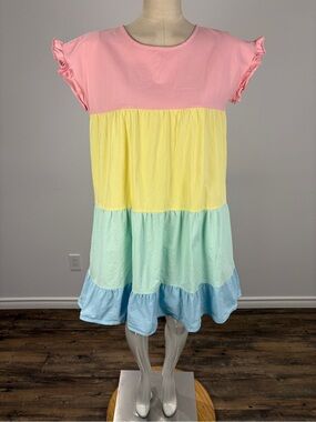 Southern Pastel Colorblock Tiered Mini Dress - Ruffle Sleeve Preppy S